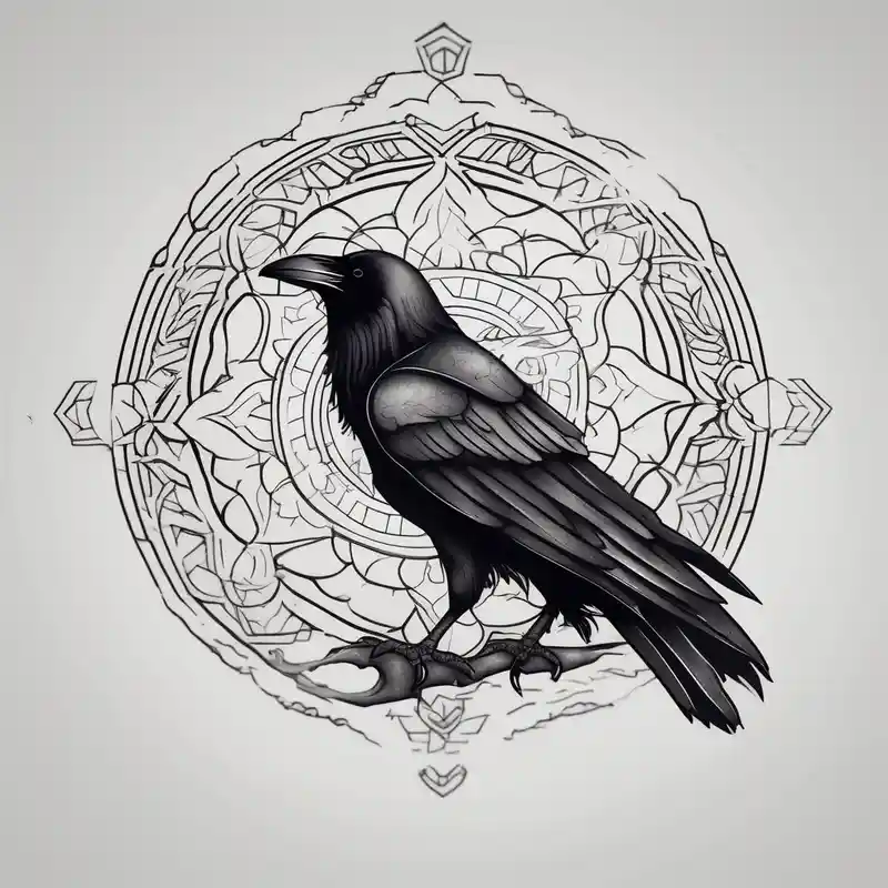 laeft arm tattoo of a raven on a branch surrounded by mandala floral sleeve tattoo – Minimaliste, Couleurs vives